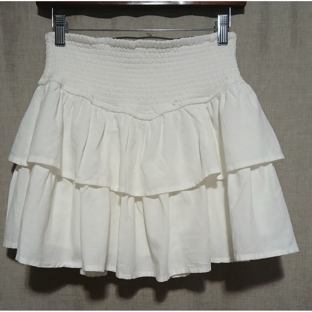 Midnight Sky White Smocked Ruffle Mini Skirt Rayon Linen Blend Womens Size M